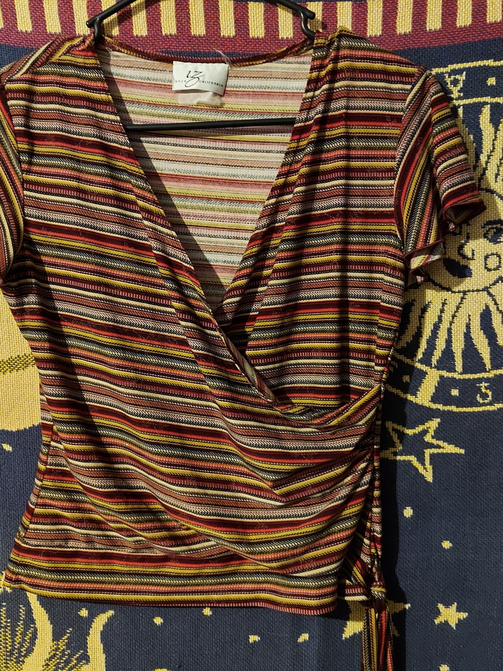 Vintage Striped Wrap Short-Sleeve Top in Multi-Color
